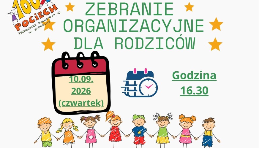 Plakat zebrania organizacyjnego dla rodziców w Przedszkolu nr 10 w Głogowie, 10.09.2026 czwartek, godzina 16.30