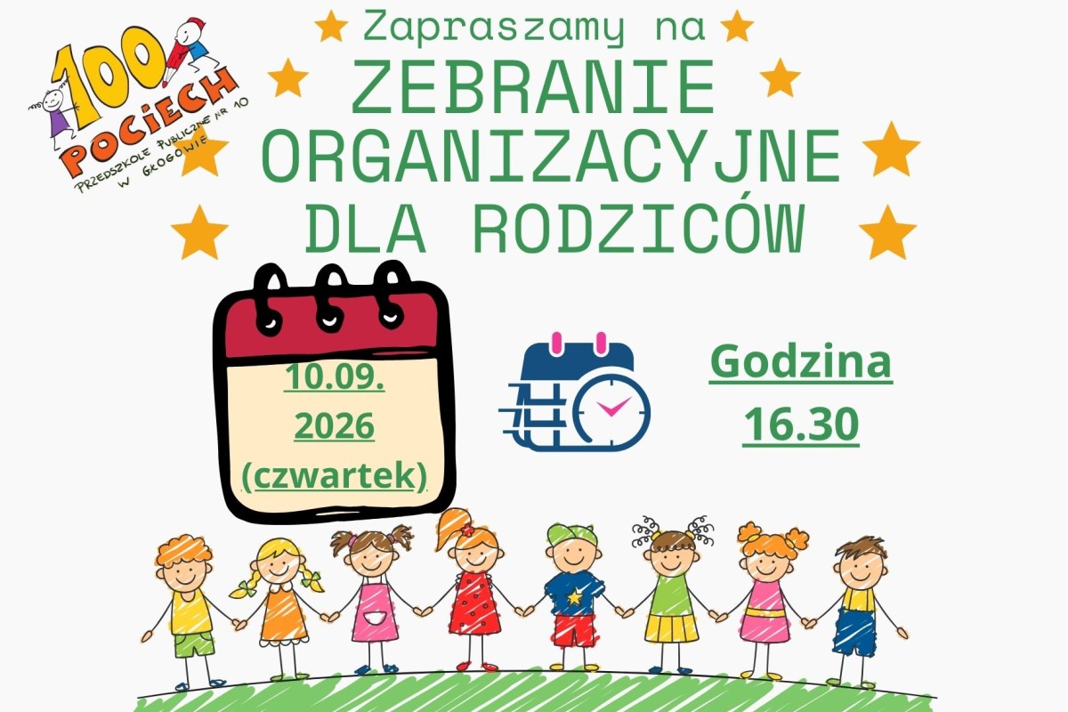 Plakat zebrania organizacyjnego dla rodziców w Przedszkolu nr 10 w Głogowie, 10.09.2026 czwartek, godzina 16.30