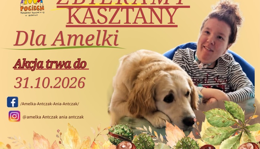 Plakat akcji: młoda kobieta z golden retrieverem, napis Zbieramy kasztany dla Amelki, akcja trwa do 31.10.2026