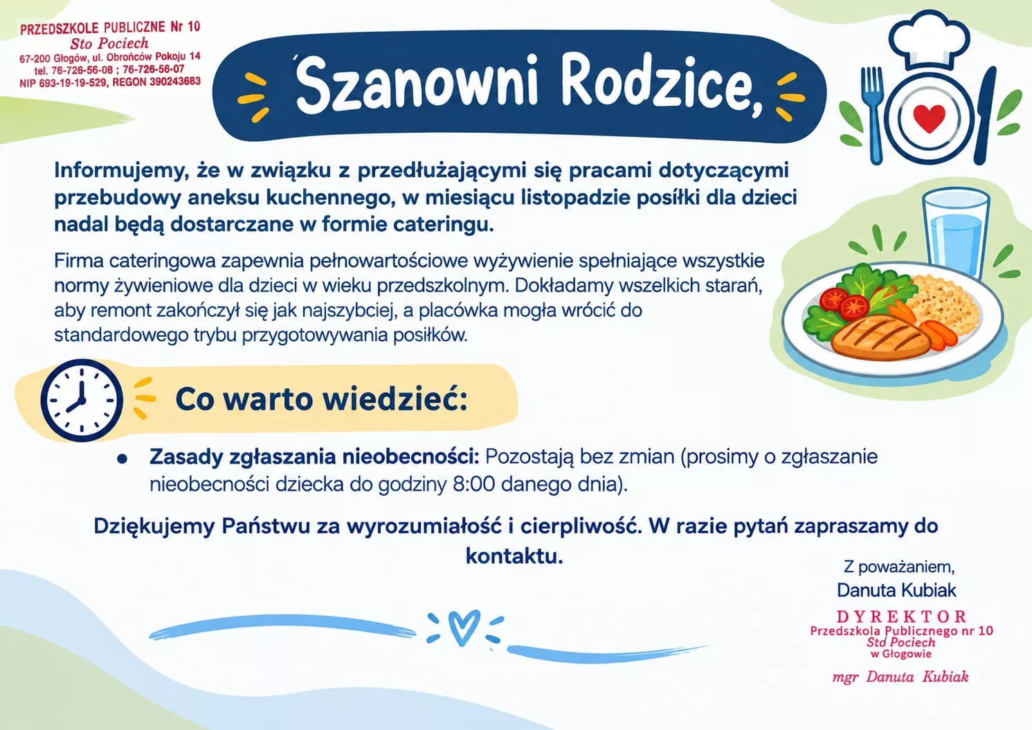 Kolorowy plakat przedszkola z ilustracją talerza z jedzeniem.