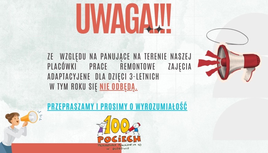 Ogłoszenie: zajęcia adaptacyjne dla dzieci 3-letnich nie odbędą się z powodu prac remontowych. Logo Przedszkola nr 10 w Głogo