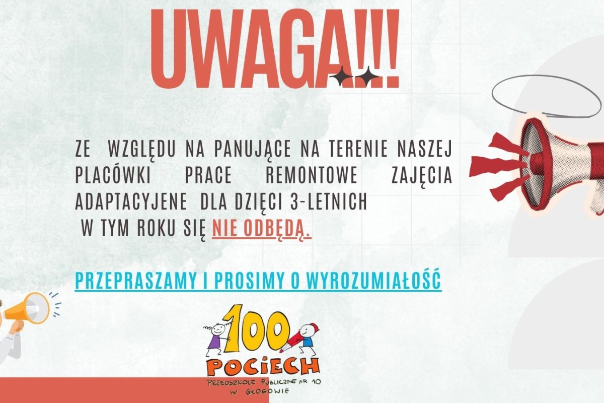 Ogłoszenie: zajęcia adaptacyjne dla dzieci 3-letnich nie odbędą się z powodu prac remontowych. Logo Przedszkola nr 10 w Głogo