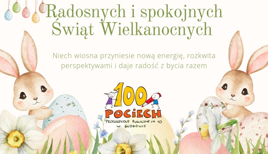 Kartka wielkanocna z dwoma królikami między kwiatami narcyzów i pisankami, logo 100 pociech, życzenia wiosenne od Przedszkola
