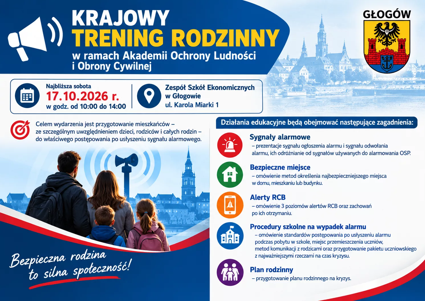 Plakat informacyjny z napisem Krajowy Trening Rodzinny 17.10.2026, godz. 10–14, Zespół Szkół Ekonomicznych w Głogowie, ul. Karola Miarki 1. Cztery osoby stoją tyłem, patrząc na miasto z syreną alarmową. Herb Głogowa w prawym górnym rogu.