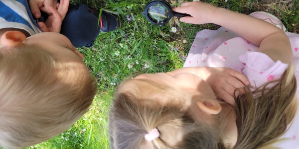 Dwoje małych dzieci przygląda się roślinom na łące przez lupę.