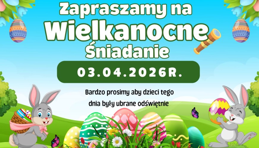 Zaproszenie na Wielkanocne śniadanie 03.04.2026r. Dekoracyjne tło z zielonymi drzewami, kolorowymi jajkami, dwoma królikami