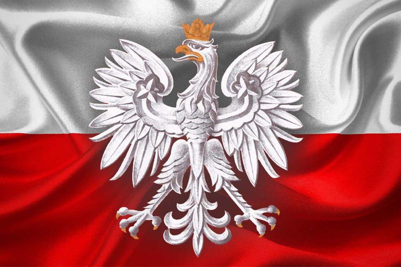 Godło Polski na tle biało-czerwonej flagi